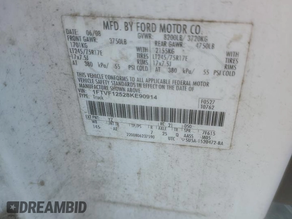 2008 Ford F-150 XL with VIN 1FTVF12528KE90914, listed as a Copart auction lot 69492124 with 237,995 mi miles and Salvage title. Bid and sale history available at DreamBid. Image 12.