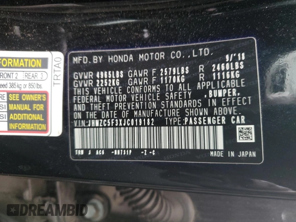 2018 Honda Clarity Plug-In Hybrid Touring with VIN JHMZC5F3XJC019182, listed as a Copart auction lot 43021054 with 141,579 mi miles. Bid and sale history available at carsss.com. Image 12.