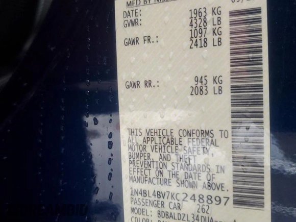 2019 Nissan Altima 2.5 S with VIN 1N4BL4BV7KC248897, listed as a Copart auction lot 45133515 with 57,321 mi miles and Salvage Title. Bid and sale history available at carsss.com. Image 15.