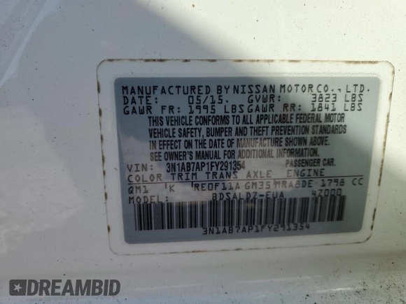 2015 Nissan Sentra S with VIN 3N1AB7AP1FY291354, listed as a Copart auction lot 45431295 with 129,098 mi miles and Clean Title. Bid and sale history available at DreamBid. Image 12.