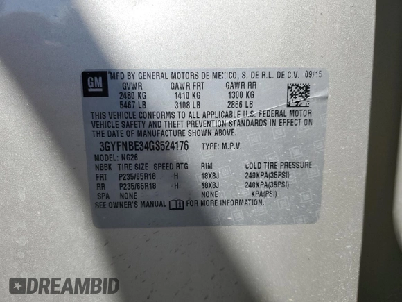 2016 Cadillac SRX Luxury Collection with VIN 3GYFNBE34GS524176, listed as a Copart auction lot 48479235 with 91,842 mi miles and Salvage Title. Bid and sale history available at carsss.com. Image 14.