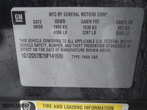 2009 Chevrolet Malibu LS w/1FL with VIN 1G1ZG57B79F141609, listed as a IAAI auction lot 41668417 with 74,524 mi miles. Bid and sale history available at carsss.com. Image 9.