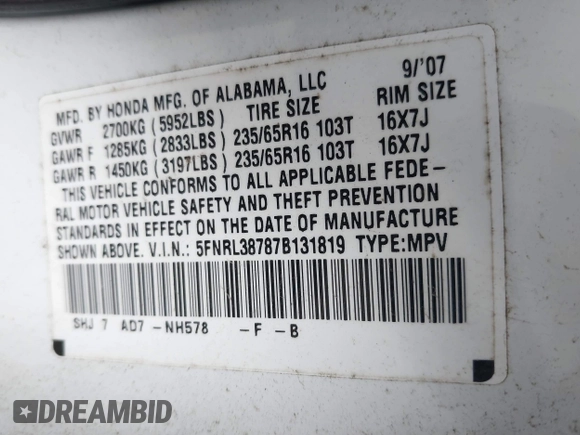 2007 Honda Odyssey EX-L with VIN 5FNRL38787B131819, listed as a IAAI auction lot 41754775 with Not Provided miles and . Bid and sale history available at DreamBid. Image 9.