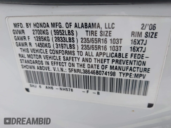 2006 Honda Odyssey EX-L with VIN 5FNRL38646B074198, listed as a IAAI auction lot 41926168 with 146,433 mi miles. Bid and sale history available at carsss.com. Image 9.