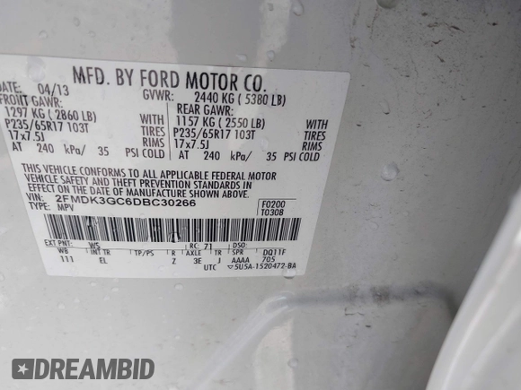 2013 Ford Edge SE with VIN 2FMDK3GC6DBC30266, listed as a IAAI auction lot 42370292 with 125,911 mi miles and . Bid and sale history available at DreamBid. Image 9.