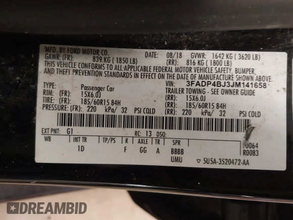2018 Ford Fiesta SE z VIN 3FADP4BJ3JM141658, wystawiony jako IAAI lot #41737201 z przebiegiem 92 078 mil mil oraz . Historia ofert i sprzedaży dostępna na DreamBid. Obrazek 9.