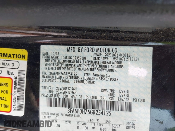 2016 Ford Fusion SE with VIN 3FA6P0H76GR254125, listed as a IAAI auction lot 42522625 with 276,982 mi miles and . Bid and sale history available at DreamBid. Image 9.