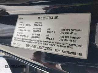 2019 Tesla Model 3 Mid Range with VIN 5YJ3E1EA3KF325056, listed as a IAAI auction lot 41771543 with 183,157 mi miles and . Bid and sale history available at carsss.com. Image 9.