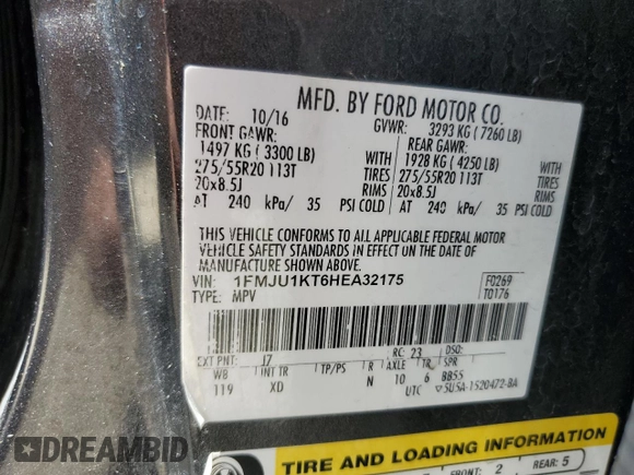 2017 Ford Expedition Limited с VIN 1FMJU1KT6HEA32175, выставлен на аукционе Copart как лот 56125555 с пробегом Не указан миль и Списание • Salvage title. История ставок и продаж доступна на DreamBid. Изображение 13.