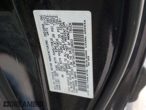 2001 Toyota Tundra SR5 with VIN 5TBRT34111S218653, listed as a Copart auction lot 45156965 with 238,537 mi miles and Salvage Title. Bid and sale history available at DreamBid. Image 12.
