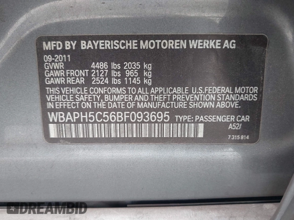 2011 BMW 3 Series 328i with VIN WBAPH5C56BF093695, listed as a IAAI auction lot 42061882 with 182,467 mi miles and . Bid and sale history available at carsss.com. Image 9.