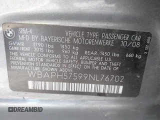 2009 BMW 3 Series 328i with VIN WBAPH57599NL76702, listed as a IAAI auction lot 42361741 with Not provided miles and . Bid and sale history available at DreamBid. Image 9.