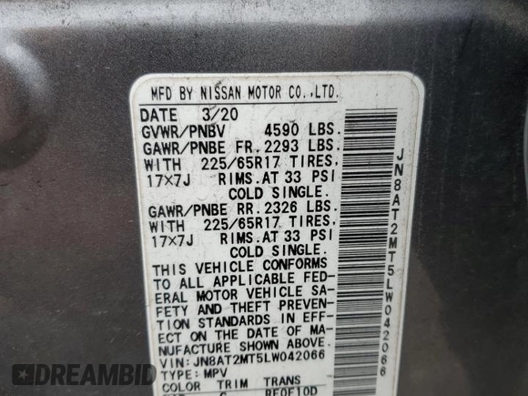 2020 Nissan Rogue S with VIN JN8AT2MT5LW042066, listed as a Copart auction lot 58563865 with 105,504 mi miles and Salvage title. Bid and sale history available at DreamBid. Image 14.