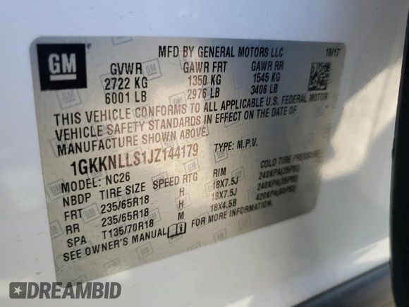 2018 GMC Acadia SLE z VIN 1GKKNLLS1JZ144179, wystawiony jako Copart lot #50653525 z przebiegiem 115 258 mil mil oraz Szkoda całkowita • Salvage title. Historia ofert i sprzedaży dostępna na DreamBid. Obrazek 15.