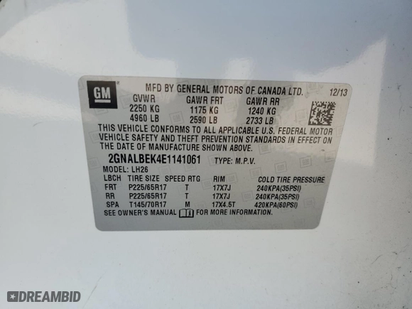 2014 Chevrolet Equinox LT with VIN 2GNALBEK4E1141061, listed as a Copart auction lot 53510615 with 138,116 mi miles and Salvage Title. Bid and sale history available at carsss.com. Image 15.