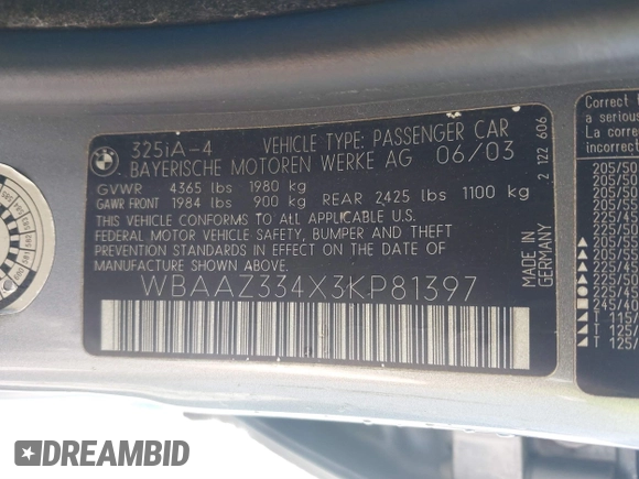 2003 BMW 3 Series 325i with VIN WBAAZ334X3KP81397, listed as a IAAI auction lot 41633863 with 128,133 mi miles and . Bid and sale history available at DreamBid. Image 9.