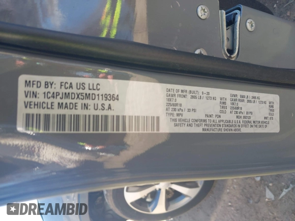 2021 Jeep Cherokee Limited with VIN 1C4PJMDX5MD119364, listed as a IAAI auction lot 41686608 with 92,732 mi miles and . Bid and sale history available at DreamBid. Image 9.