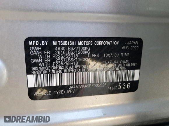 2023 Mitsubishi Eclipse Cross SE z VIN JA4ATWAA9PZ005526, wystawiony jako Copart lot #47882325 z przebiegiem 54 559 mil mil oraz Szkoda całkowita • Salvage title. Historia ofert i sprzedaży dostępna na DreamBid. Obrazek 16.
