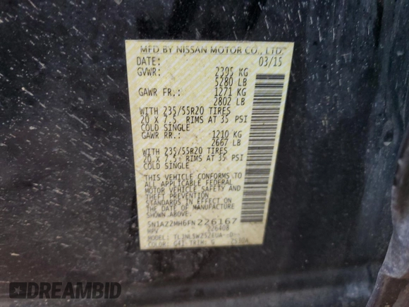 2015 Nissan Murano Platinum with VIN 5N1AZ2MH6FN226167, listed as a Copart auction lot 50410315 with 132,275 mi miles and Salvage Title. Bid and sale history available at carsss.com. Image 14.