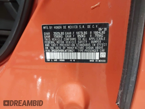 2020 Honda Fit EX z VIN 3HGGK5H88LM729821, wystawiony jako IAAI lot #42487824 z przebiegiem 21 789 mil mil oraz . Historia ofert i sprzedaży dostępna na DreamBid. Obrazek 9.