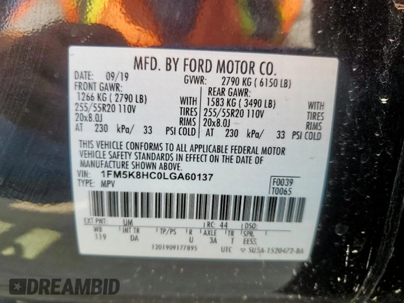 2020 Ford Explorer Platinum z VIN 1FM5K8HC0LGA60137, wystawiony jako Copart lot #64837965 z przebiegiem 24 932 mil mil oraz Szkoda całkowita • Salvage title. Historia ofert i sprzedaży dostępna na DreamBid. Obrazek 13.