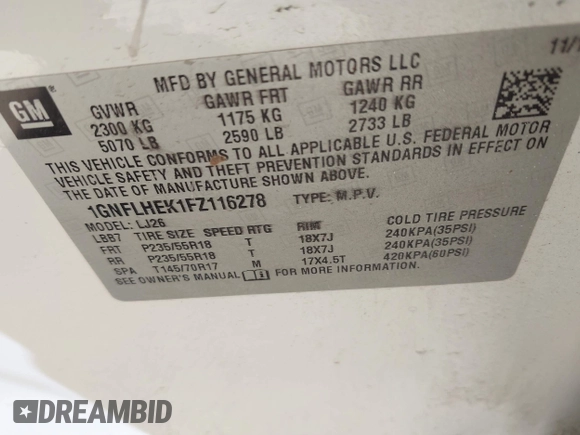 2015 Chevrolet Equinox LTZ with VIN 1GNFLHEK1FZ116278, listed as a IAAI auction lot 42238905 with 190,504 mi miles and . Bid and sale history available at DreamBid. Image 9.