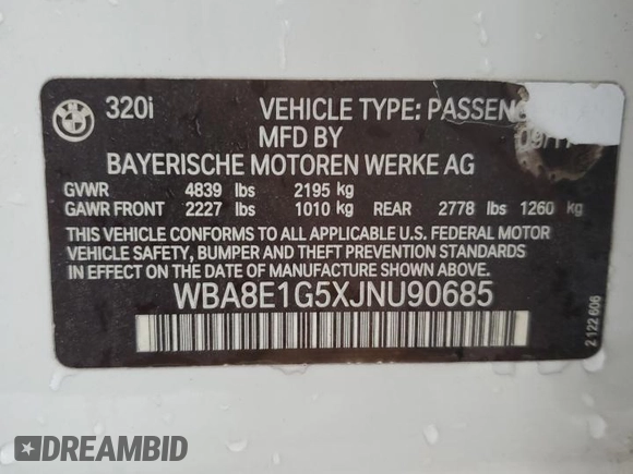 2018 BMW 3 Series 320i with VIN WBA8E1G5XJNU90685, listed as a Copart auction lot 50307935 with 84,613 mi miles and Salvage Title. Bid and sale history available at carsss.com. Image 12.
