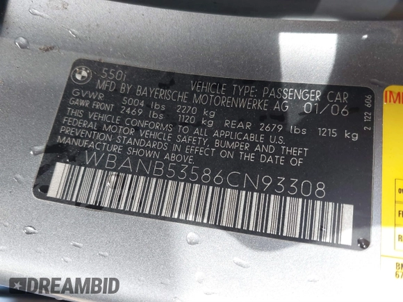 2006 BMW 5 Series 550i with VIN WBANB53586CN93308, listed as a IAAI auction lot 41426451 with 226,984 mi miles and . Bid and sale history available at DreamBid. Image 9.