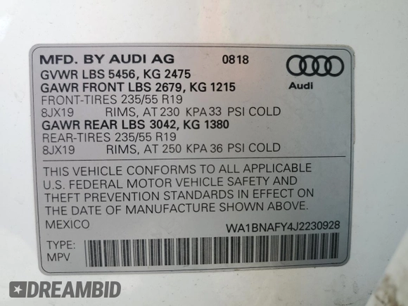 2018 Audi Q5 Premium Plus with VIN WA1BNAFY4J2230928, listed as a Copart auction lot 53123145 with 83,151 mi miles and Salvage Title. Bid and sale history available at DreamBid. Image 13.