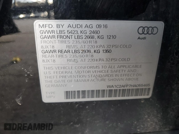 2017 Audi Q5 Premium with VIN WA1C2AFP7HA055465, listed as a Copart auction lot 48350655 with 112,393 mi miles and Salvage Title. Bid and sale history available at carsss.com. Image 14.