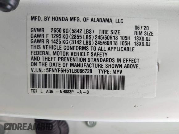 2020 Honda Pilot EX-L с VIN 5FNYF6H51LB066728, выставлен на аукционе IAAI как лот 42185099 с пробегом 160 миль миль и . История ставок и продаж доступна на DreamBid. Изображение 9.