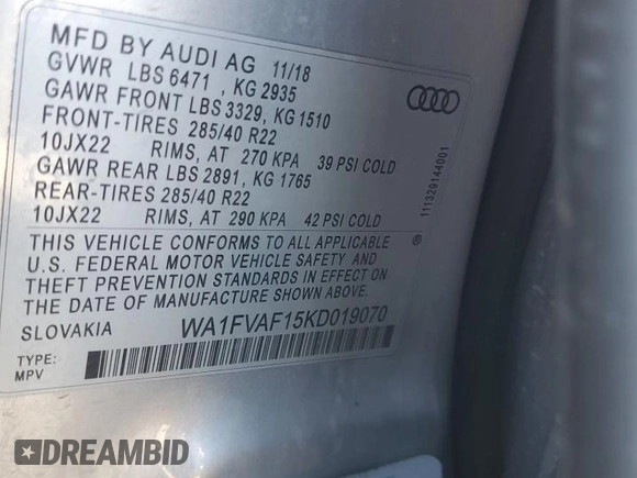 2019 Audi Q8 Prestige with VIN WA1FVAF15KD019070, listed as a Copart auction lot 43089295 with 67,498 mi miles and Non repairable. Bid and sale history available at DreamBid. Image 14.