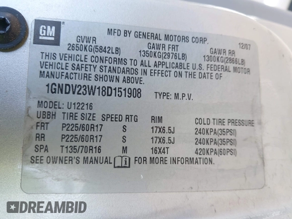 2008 Chevrolet Uplander LS with VIN 1GNDV23W18D151908, listed as a IAAI auction lot 42049564 with 77,413 mi miles and . Bid and sale history available at DreamBid. Image 9.