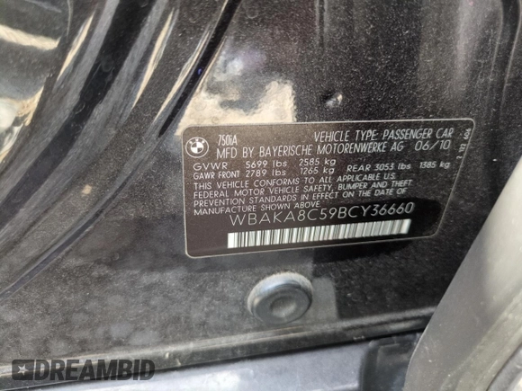 2011 BMW 7 Series 750i with VIN WBAKA8C59BCY36660, listed as a Copart auction lot 64260145 with 121,047 mi miles and Clean title. Bid and sale history available at DreamBid. Image 12.