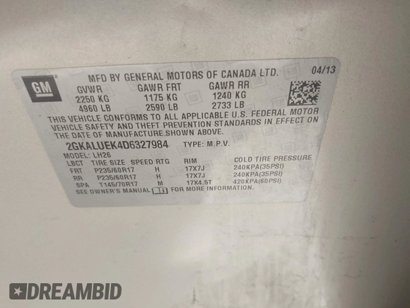 2013 GMC Terrain SLT with VIN 2GKALUEK4D6327984, listed as a IAAI auction lot 42569328 with 158,262 mi miles and . Bid and sale history available at DreamBid. Image 9.