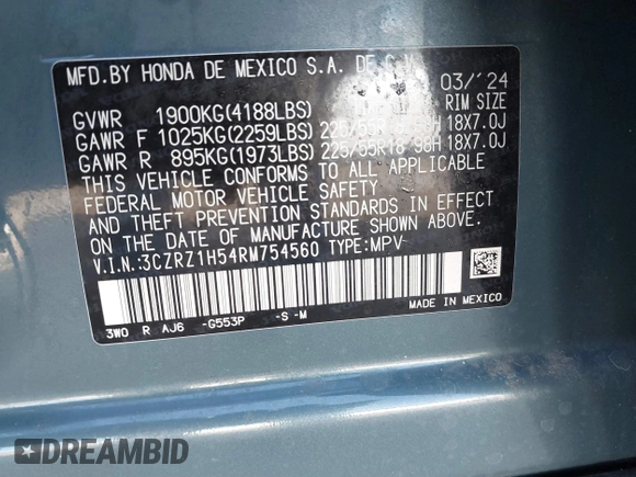 2024 Honda HR-V Sport z VIN 3CZRZ1H54RM754560, wystawiony jako IAAI lot #41652351 z przebiegiem 8 371 mil mil oraz . Historia ofert i sprzedaży dostępna na DreamBid. Obrazek 9.