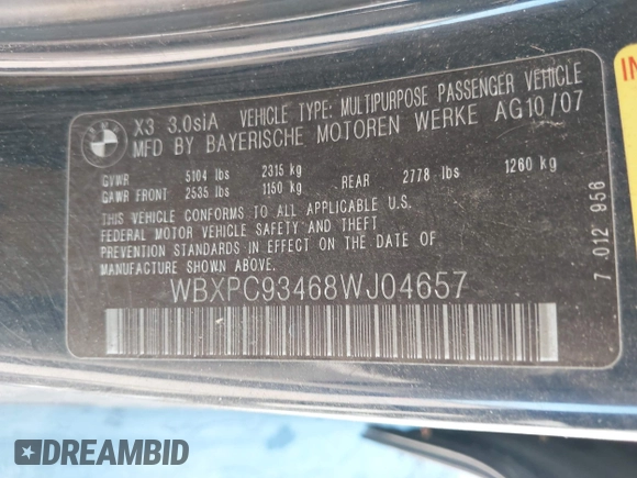 2008 BMW X3 3.0si with VIN WBXPC93468WJ04657, listed as a IAAI auction lot 42694912 with 190,925 mi miles and . Bid and sale history available at DreamBid. Image 9.