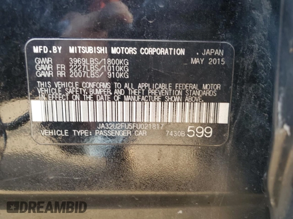 2015 Mitsubishi Lancer ES with VIN JA32U2FU5FU021817, listed as a Copart auction lot 54495595 with 95,349 mi miles and Salvage title. Bid and sale history available at DreamBid. Image 12.