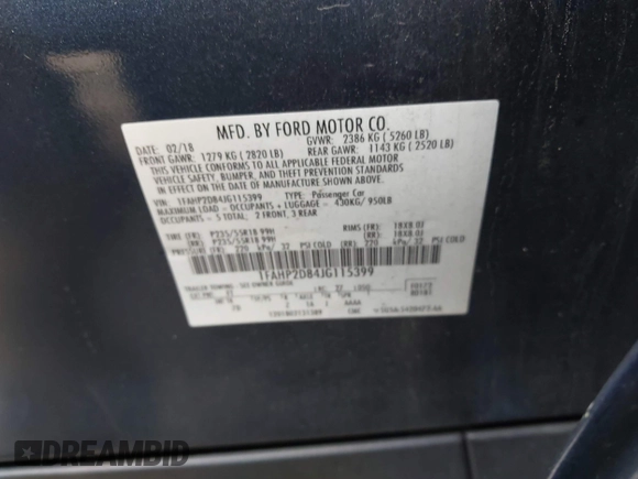 2018 Ford Taurus SE с VIN 1FAHP2D84JG115399, выставлен на аукционе IAAI как лот 42546428 с пробегом 180 163 миль миль и . История ставок и продаж доступна на DreamBid. Изображение 9.