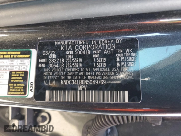 2022 Kia EV6 Light with VIN KNDC34LB6N5049769, listed as a Copart auction lot 45761245 with 153,430 mi miles and Salvage Title. Bid and sale history available at carsss.com. Image 12.