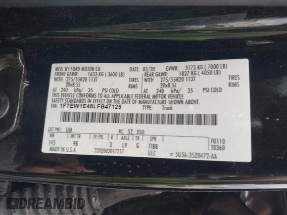 2020 Ford F-150 XL with VIN 1FTEW1E48LFB47125, listed as a IAAI auction lot 42365659 with 62,259 mi miles and . Bid and sale history available at DreamBid. Image 9.