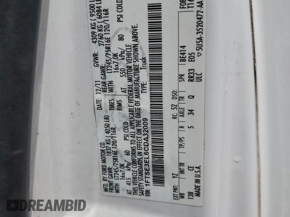 2012 Ford Econoline Cargo Super Duty Commercial z VIN 1FTSE3EL6CDA32009, wystawiony jako Copart lot #54269735 z przebiegiem 323 928 mil mil oraz Szkoda całkowita • Salvage title. Historia ofert i sprzedaży dostępna na DreamBid. Obrazek 13.