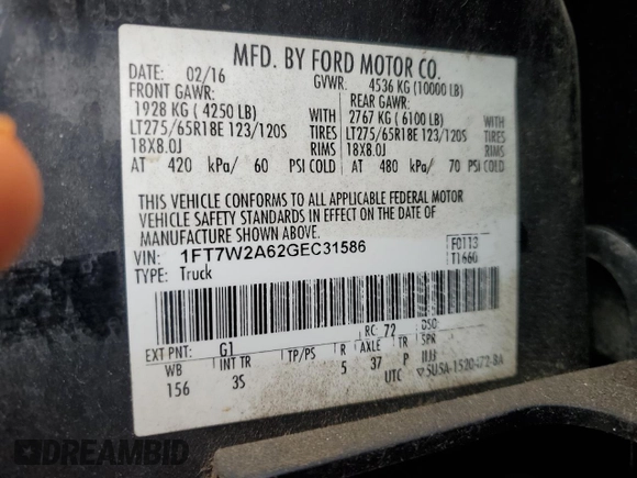 2016 Ford F-250 XL with VIN 1FT7W2A62GEC31586, listed as a Copart auction lot 57895005 with 143,903 mi miles and Salvage title. Bid and sale history available at DreamBid. Image 13.