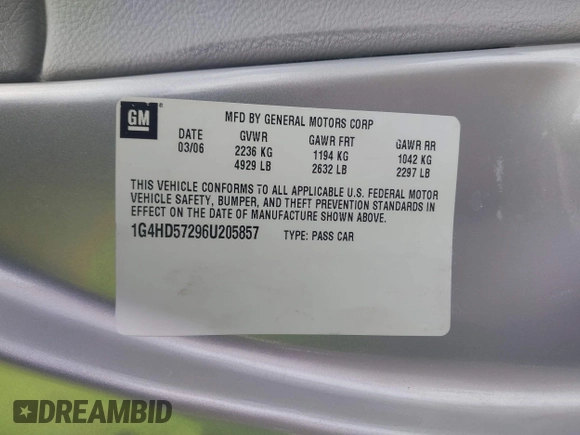 2006 Buick Lucerne CXL with VIN 1G4HD57296U205857, listed as a IAAI auction lot 41596027 with 123,038 mi miles and . Bid and sale history available at DreamBid. Image 9.