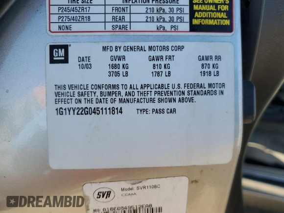 2004 Chevrolet Corvette with VIN 1G1YY22G045111814, listed as a Copart auction lot 79060194 with 111,125 mi miles and Salvage Title. Bid and sale history available at carsss.com. Image 13.