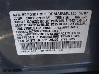 2008 Honda Pilot EX-L with VIN 5FNYF18738B026307, listed as a IAAI auction lot 41435086 with 197,695 mi miles. Bid and sale history available at carsss.com. Image 9.