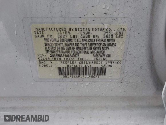 2010 Nissan Sentra S with VIN 3N1AB6AP1AL640075, listed as a IAAI auction lot 42244798 with 122,965 mi miles and . Bid and sale history available at DreamBid. Image 9.
