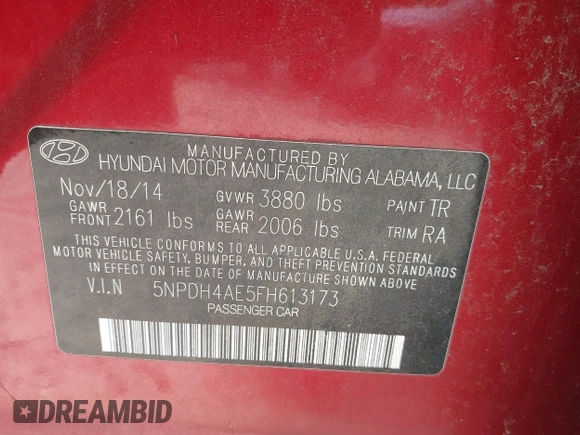 2015 Hyundai Elantra SE with VIN 5NPDH4AE5FH613173, listed as a IAAI auction lot 42698431 with 143,490 mi miles and . Bid and sale history available at DreamBid. Image 9.