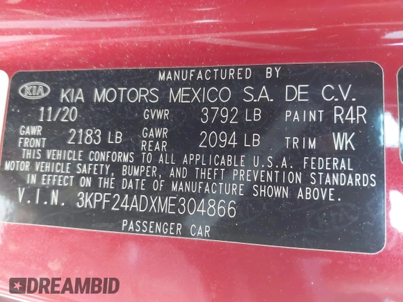 2021 Kia Forte LXS with VIN 3KPF24ADXME304866, listed as a IAAI auction lot 41938864 with 58,041 mi miles. Bid and sale history available at carsss.com. Image 9.