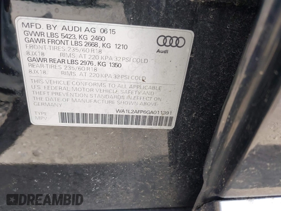 2016 Audi Q5 Premium Plus with VIN WA1L2AFP6GA011391, listed as a IAAI auction lot 42081273 with 180,809 mi miles. Bid and sale history available at carsss.com. Image 9.